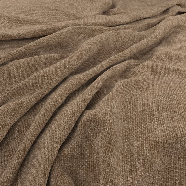 Warm taupe-brown woven textile with a fine nubby surface arranged in soft folds