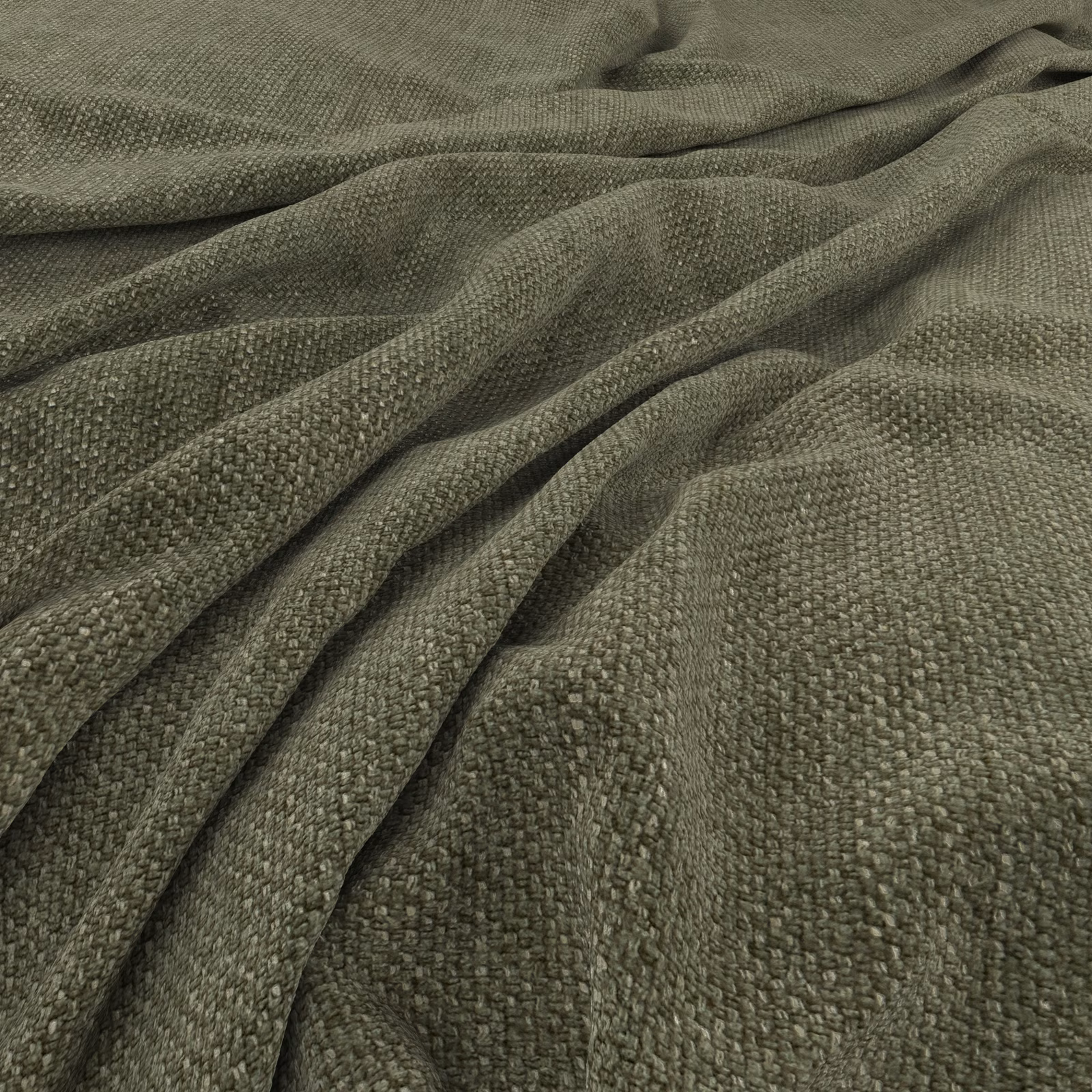 Close-up of muted spruce-green nubby woven fabric gathered into soft folds