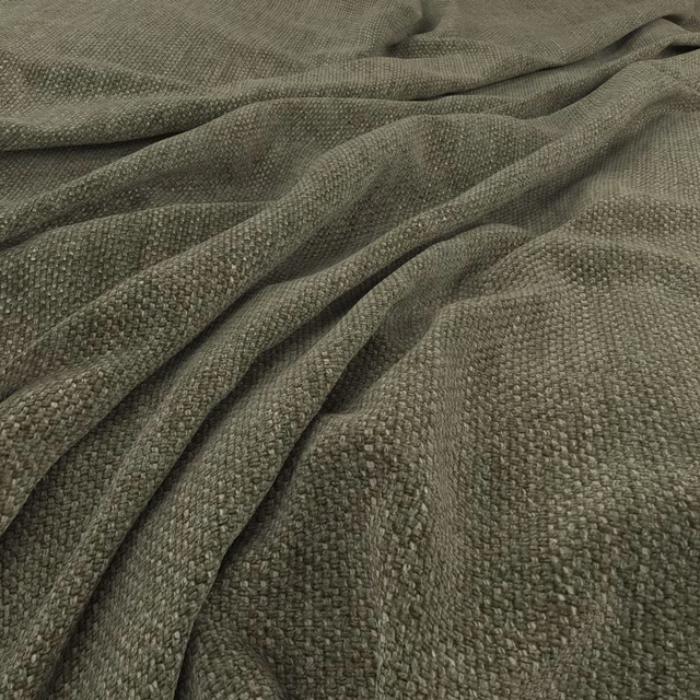 Close-up of muted spruce-green nubby woven fabric gathered into soft folds