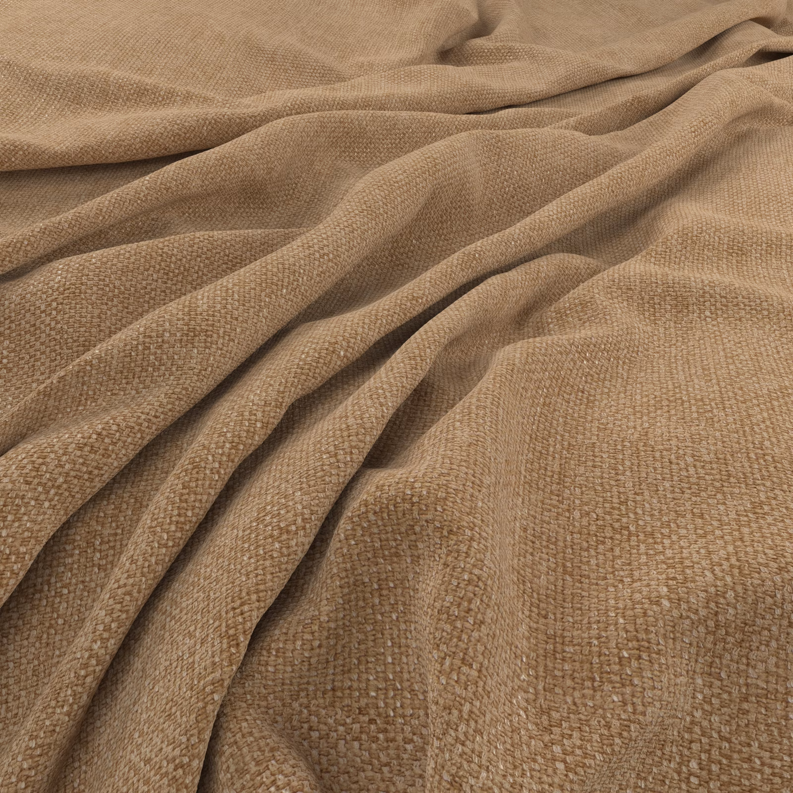 Warm toffee-brown woven fabric gathered into folds, showing a small nubby texture