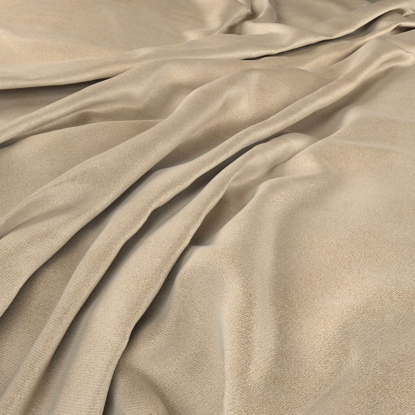 Warm dune-beige fabric gathered in soft folds, showing a fine luminous weave.