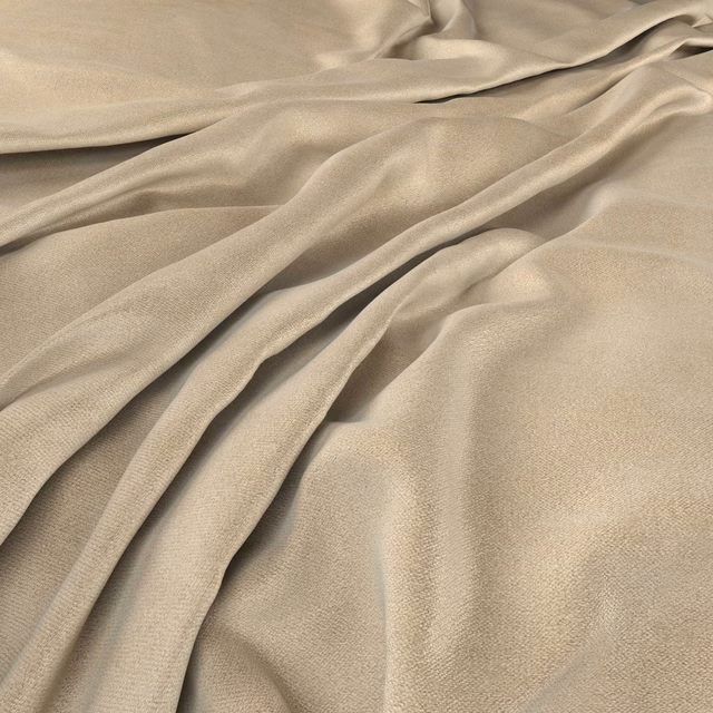 Warm dune-beige fabric gathered in soft folds, showing a fine luminous weave.
