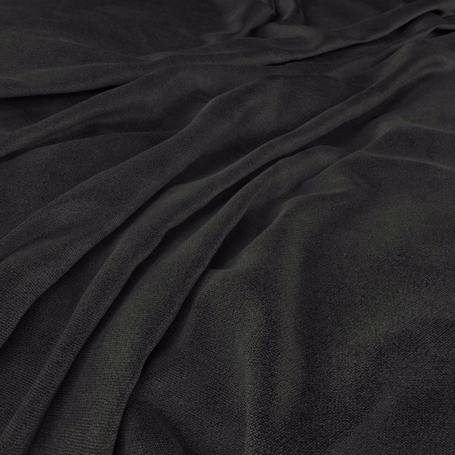 Deep charcoal-black woven fabric draped in soft folds with a subtle graphite sheen