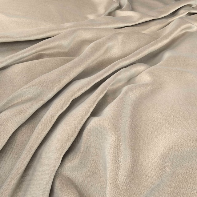 Pale warm-greige silk-effect fabric gathered into fluid folds with a soft lustrous sheen