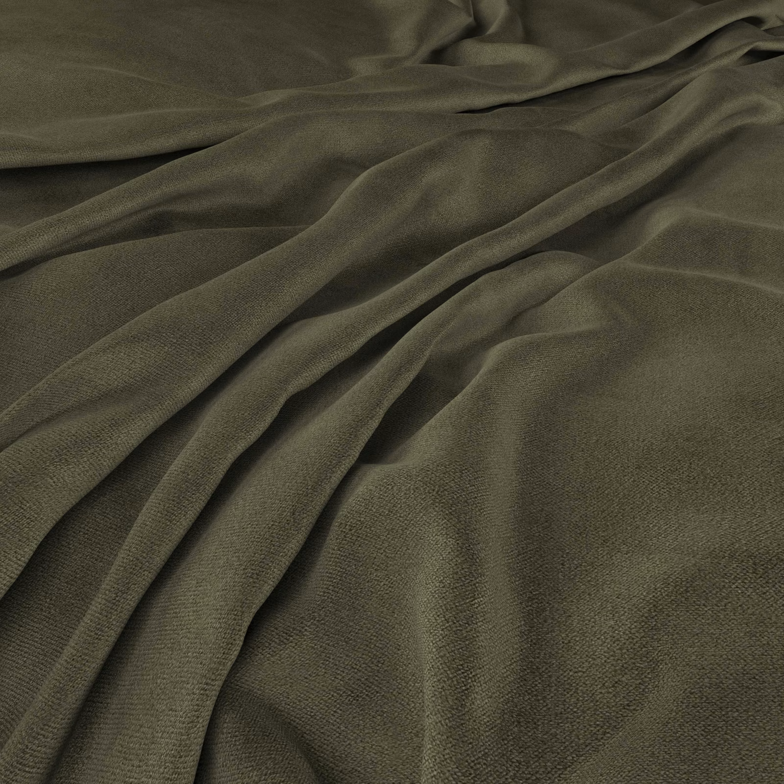 Deep olive-green woven fabric gathered into soft, low-sheen folds