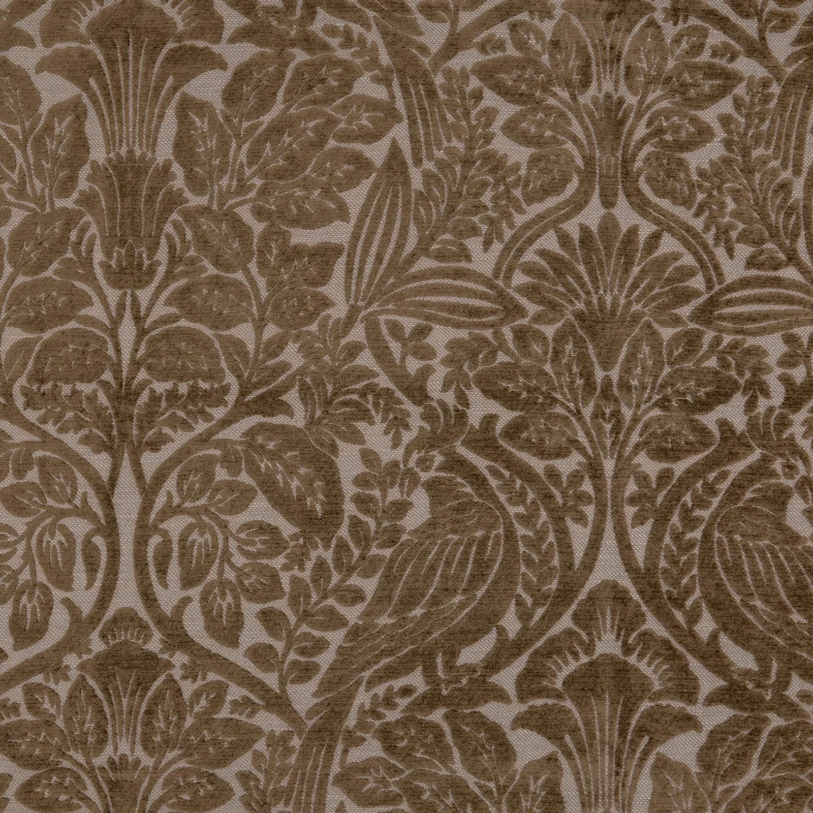 Warm chestnut brown fabric with dense tonal botanical damask of leaves and fan-shaped flowers