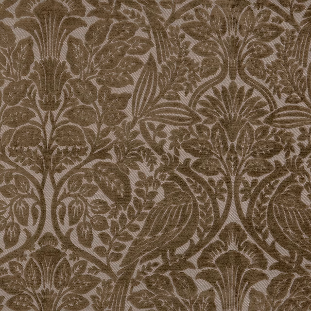 Warm chestnut brown fabric with dense tonal botanical damask of leaves and fan-shaped flowers