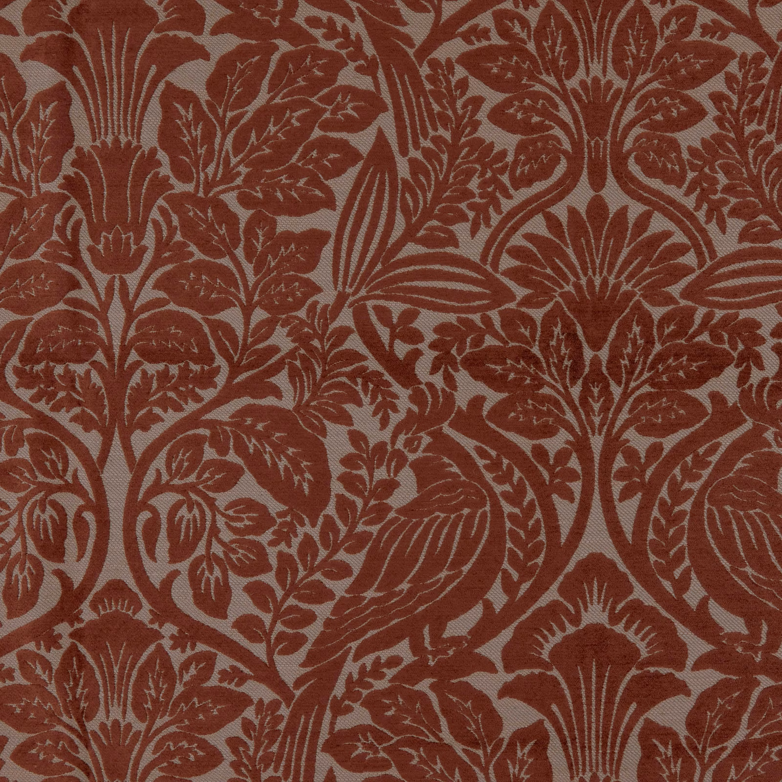Muted terracotta damask with scrolling floral foliage on a taupe-brown textured ground
