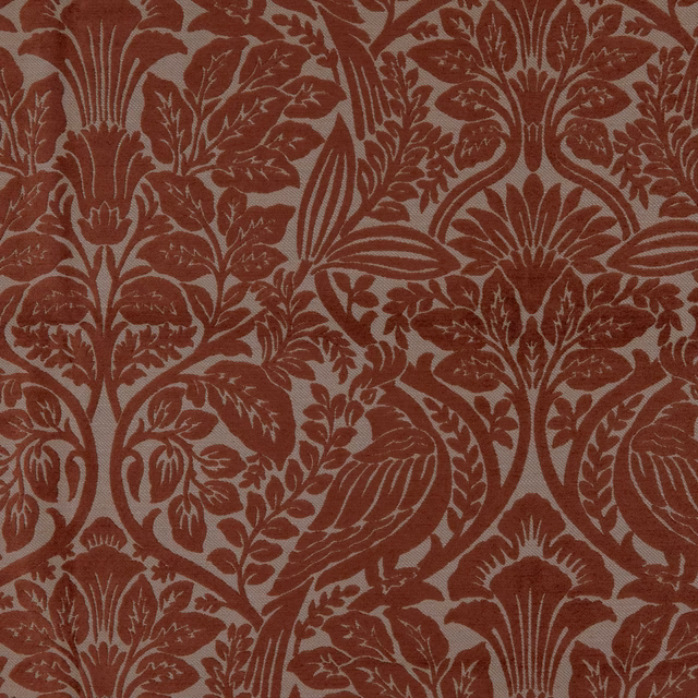 Muted terracotta damask with scrolling floral foliage on a taupe-brown textured ground