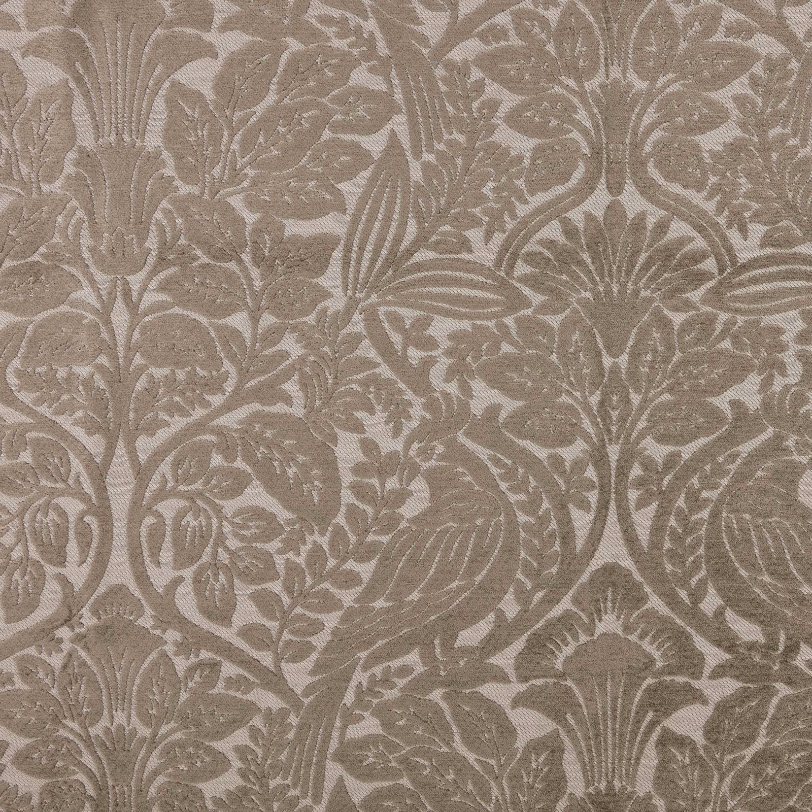 Close-up of warm taupe damask with leafy floral motifs and textured weave