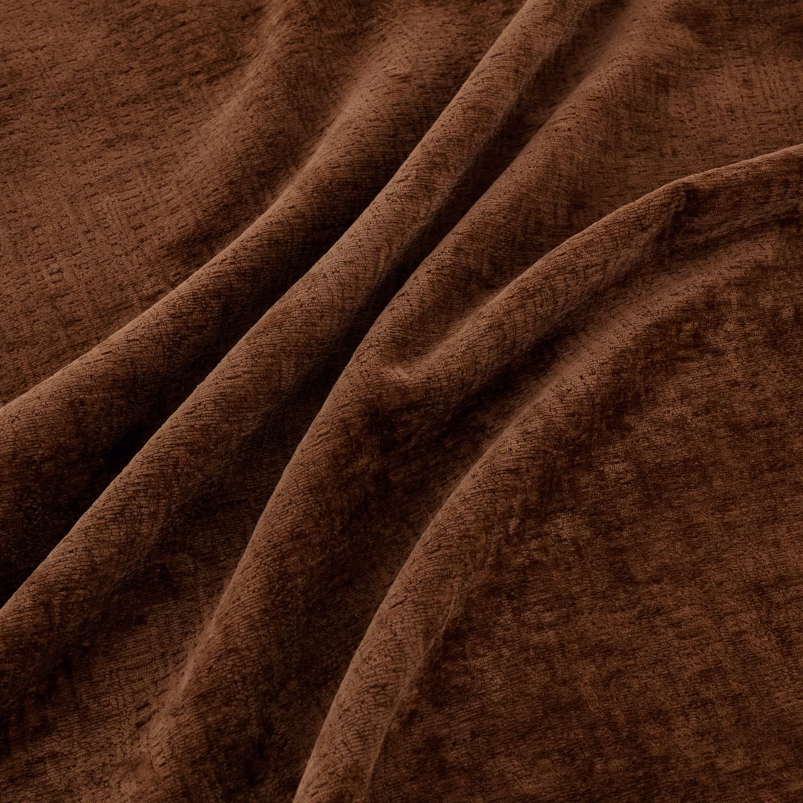 Deep burnt-brown fabric with brushed texture and subtle broken linear weave