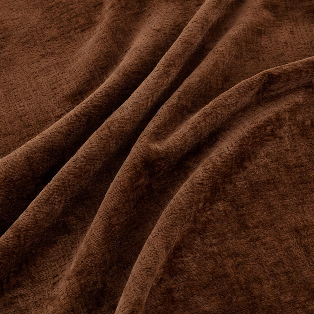 Deep burnt-brown fabric with brushed texture and subtle broken linear weave