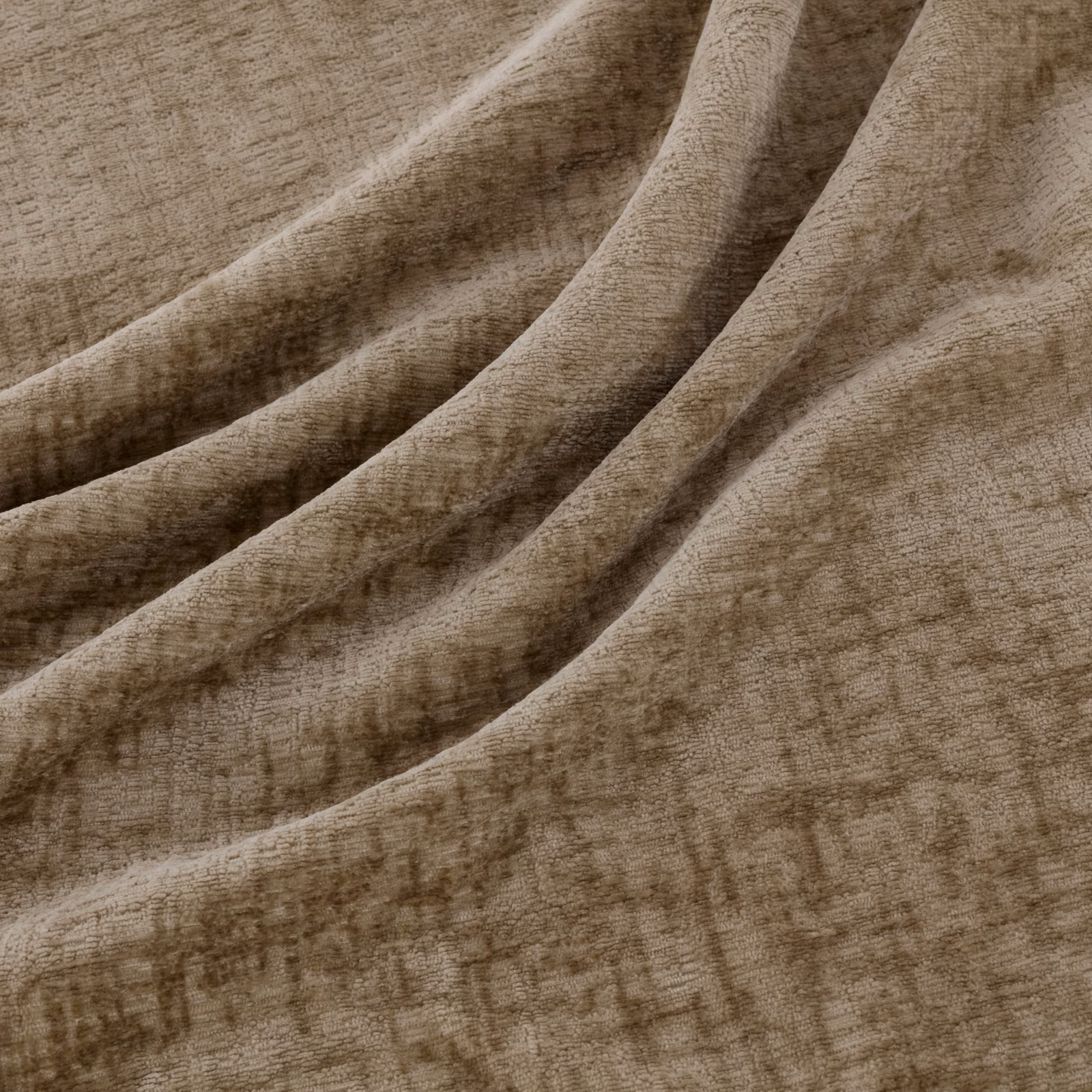 Warm taupe-brown woven fabric with mottled crosshatch texture in soft folds
