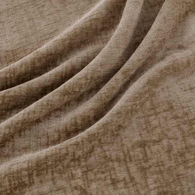 Warm taupe-brown woven fabric with mottled crosshatch texture in soft folds