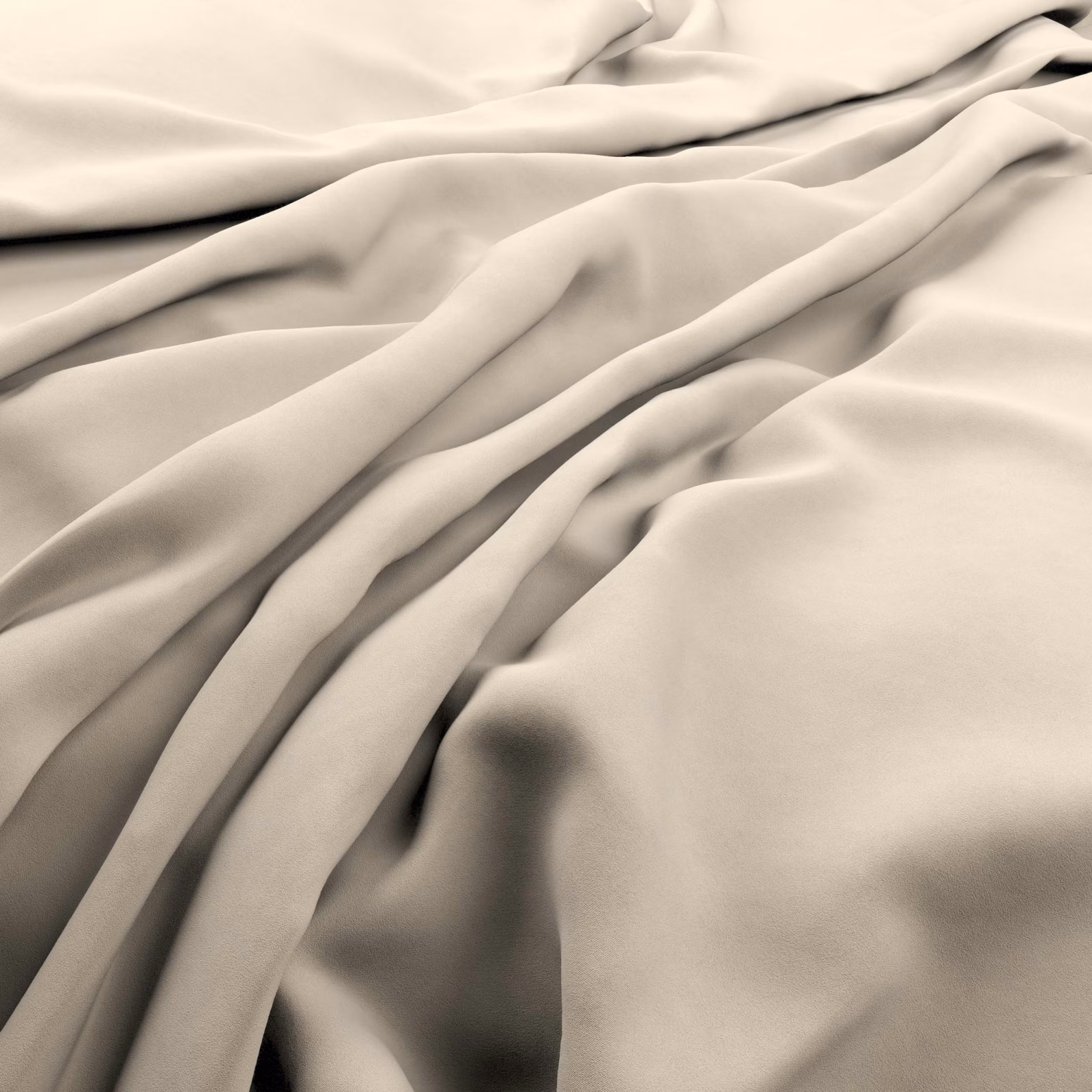 Warm ecru plain fabric falling in softly lustrous, sculptural folds