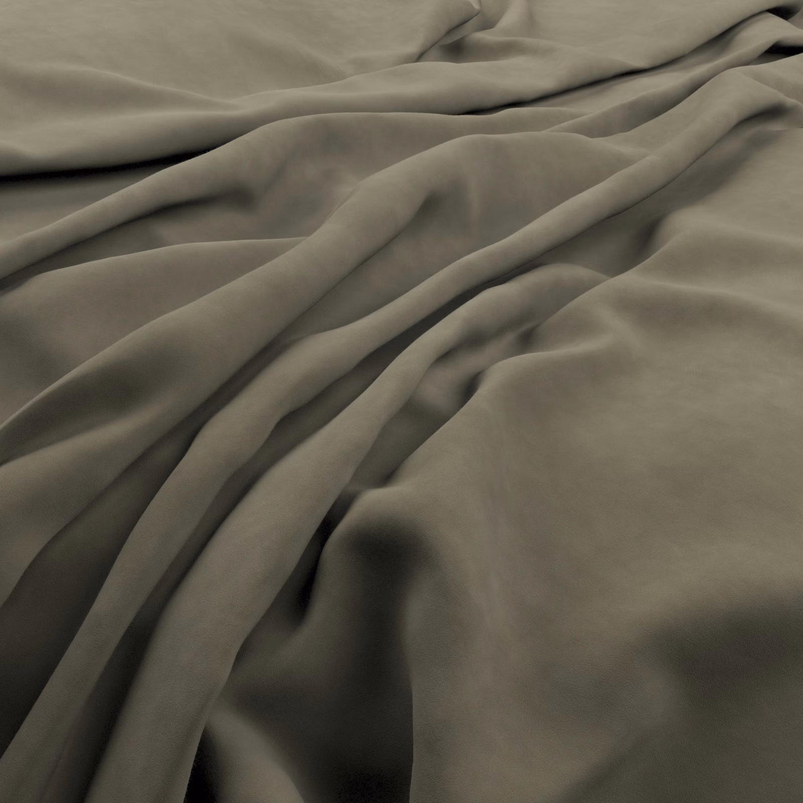 Muted lichen olive fabric with soft sheen gathered into deep flowing folds