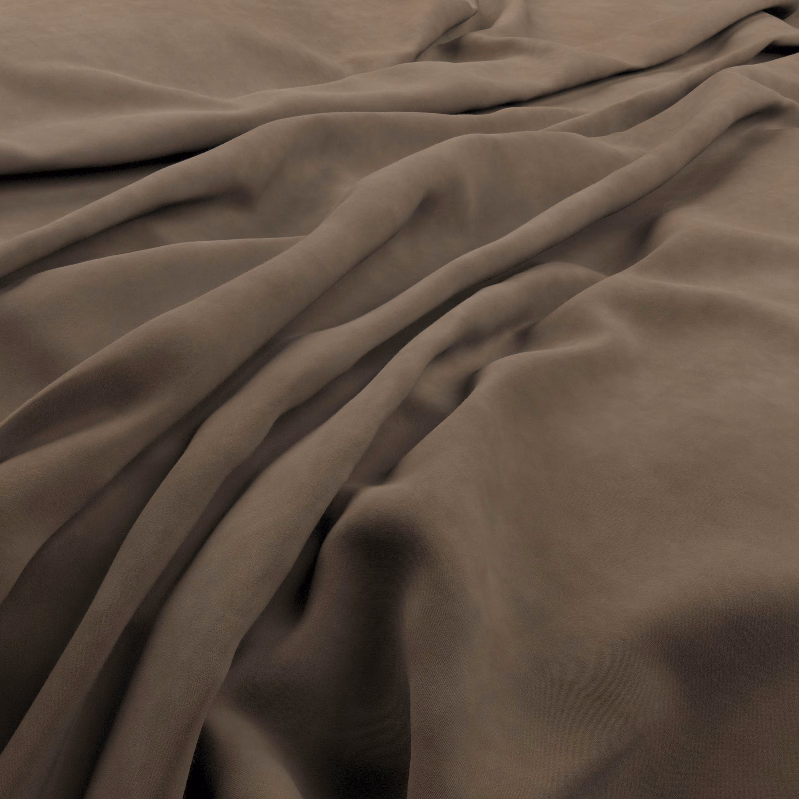 Mole-taupe plain fabric arranged in deep folds with a soft, muted sheen