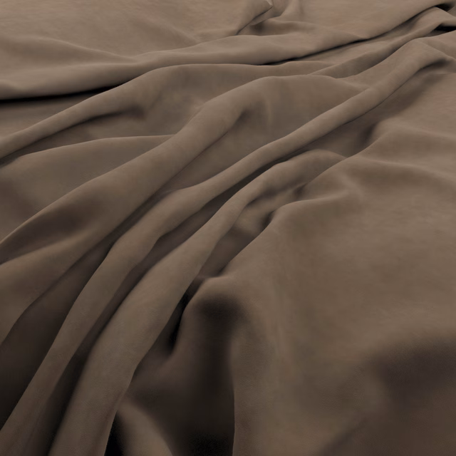 Mole-taupe plain fabric arranged in deep folds with a soft, muted sheen