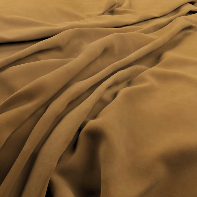 Warm mustard fabric with smooth lustrous surface gathered into deep soft folds