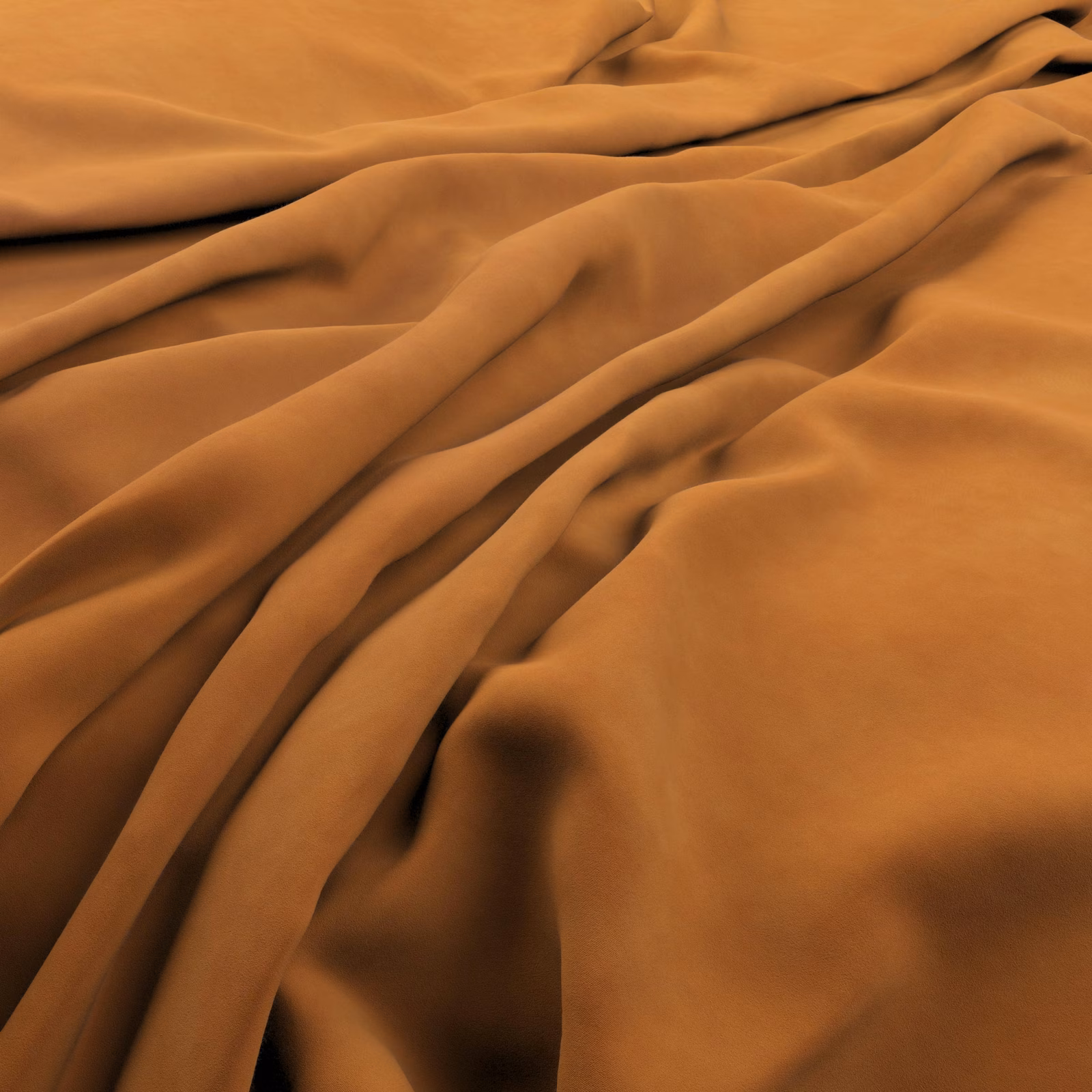 Warm pumpkin-orange cloth with soft sheen, deep folds and a fluid drape