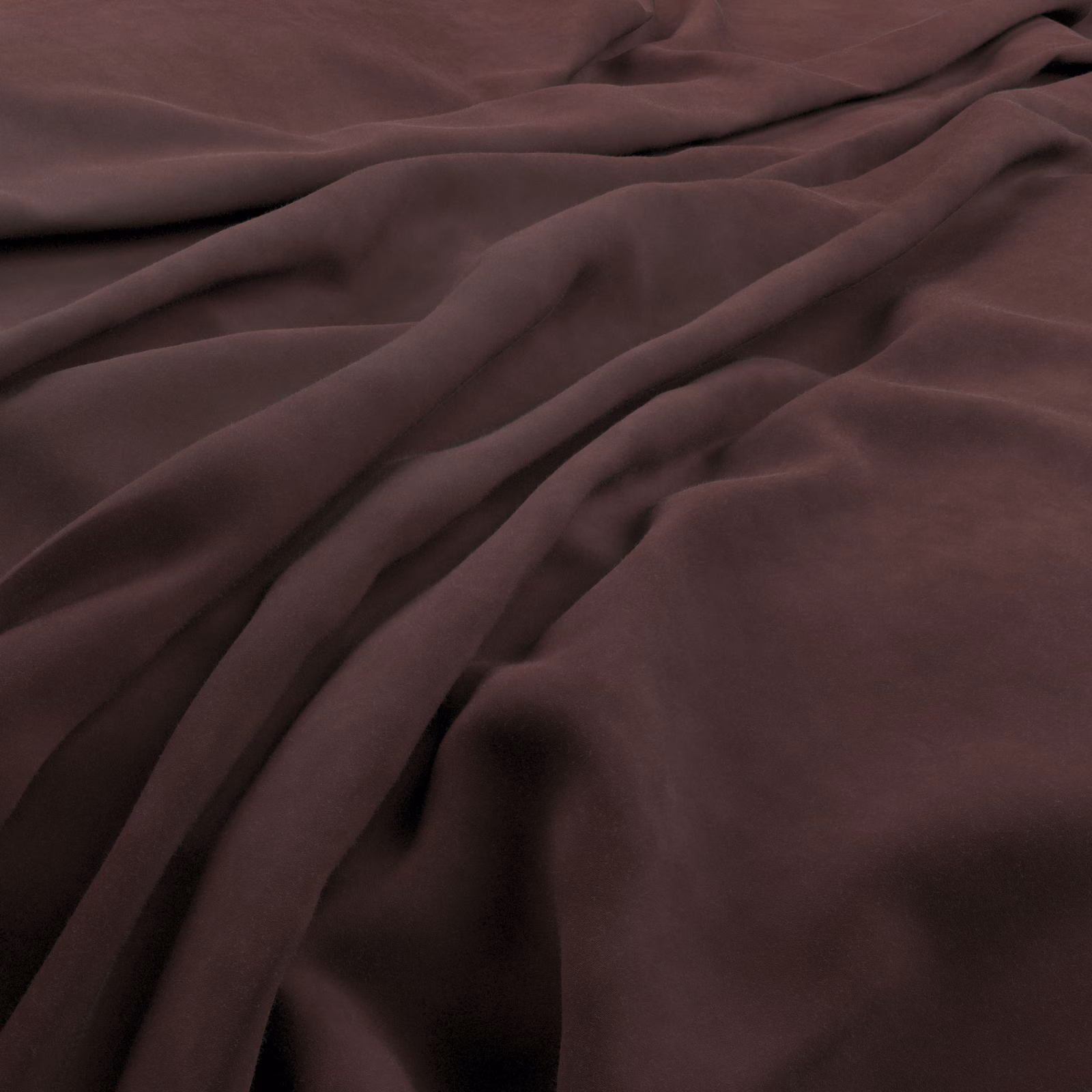 Deep plum-brown plush fabric gathered into softly lustrous, shadowed folds