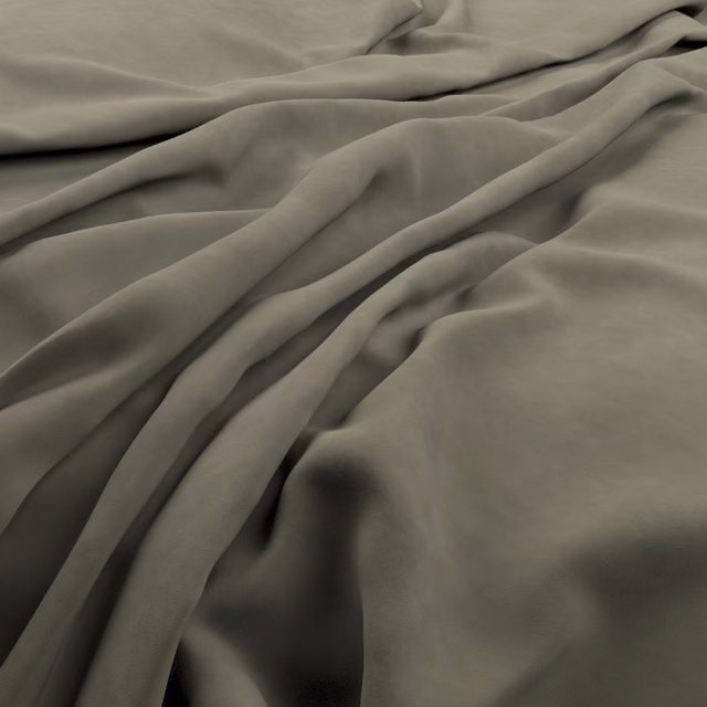 Muted taupe-grey fabric in fluid folds with soft sheen and deep shadows