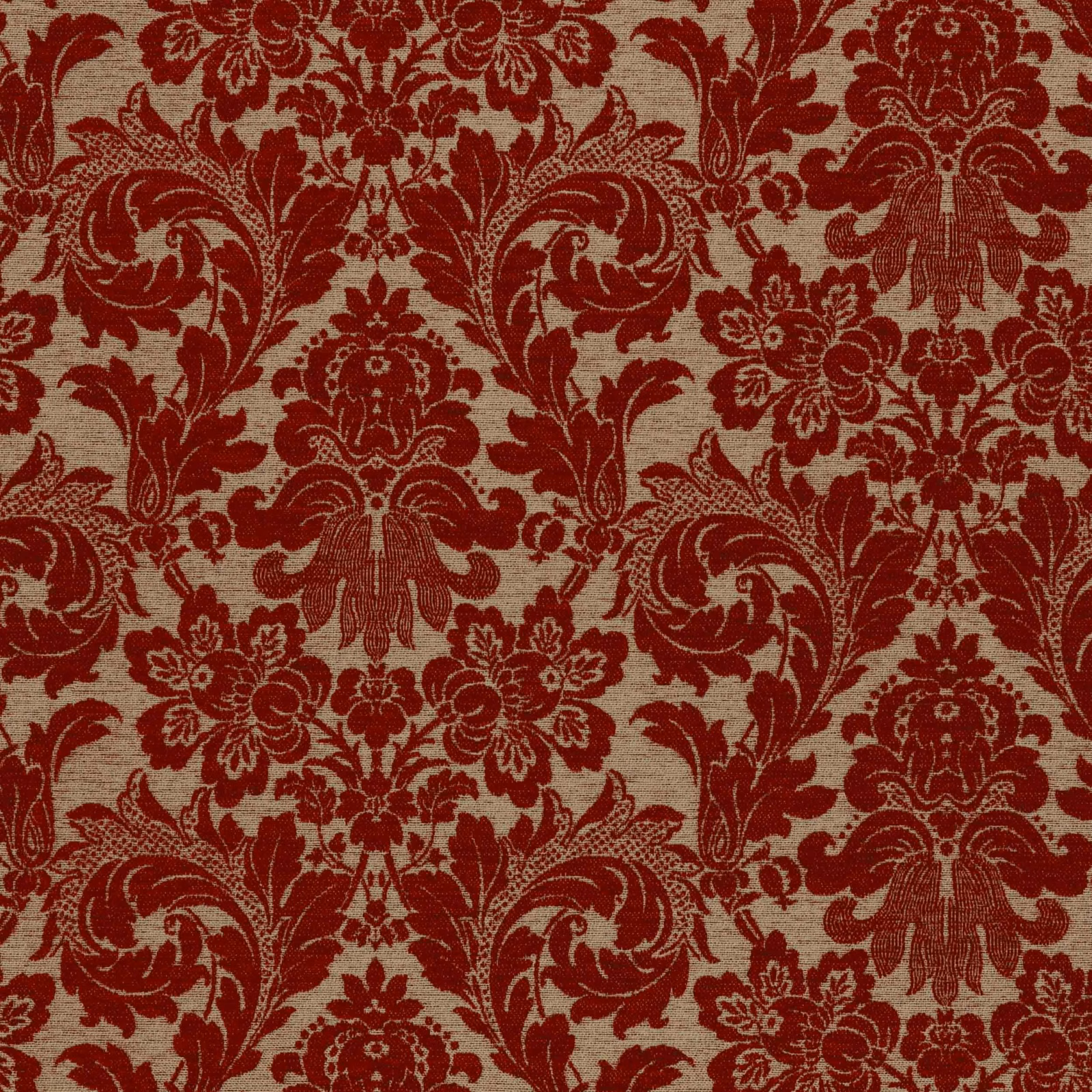 Deep burgundy damask scrolls and florals woven across a warm taupe textile ground