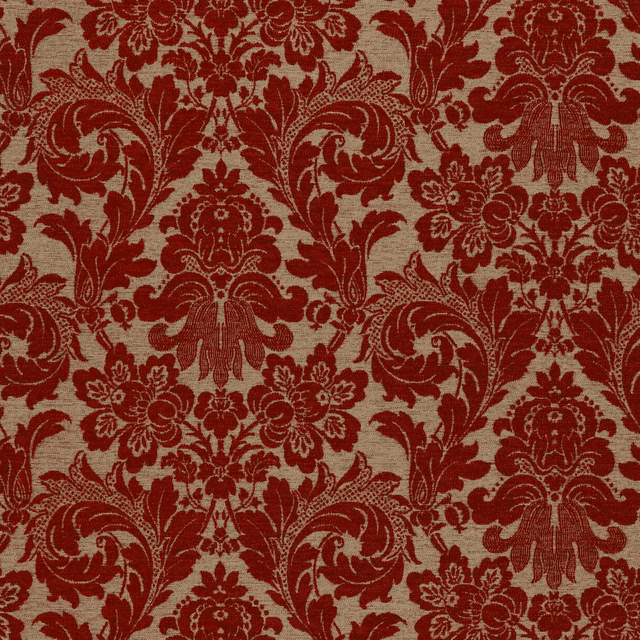 Deep burgundy damask scrolls and florals woven across a warm taupe textile ground