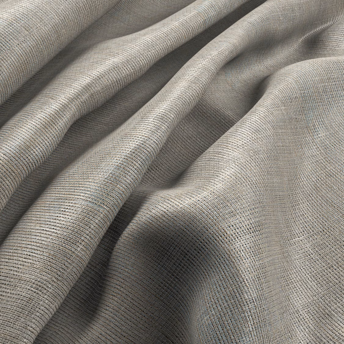 Close-up of muted flax taupe fabric showing fine horizontal weave in soft folds