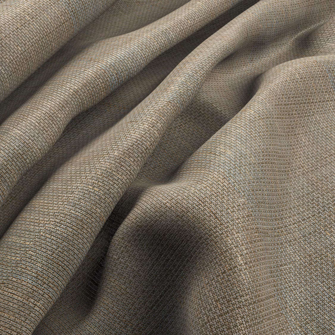 Taupe-grey woven fabric with fine mottled texture falling into soft folds