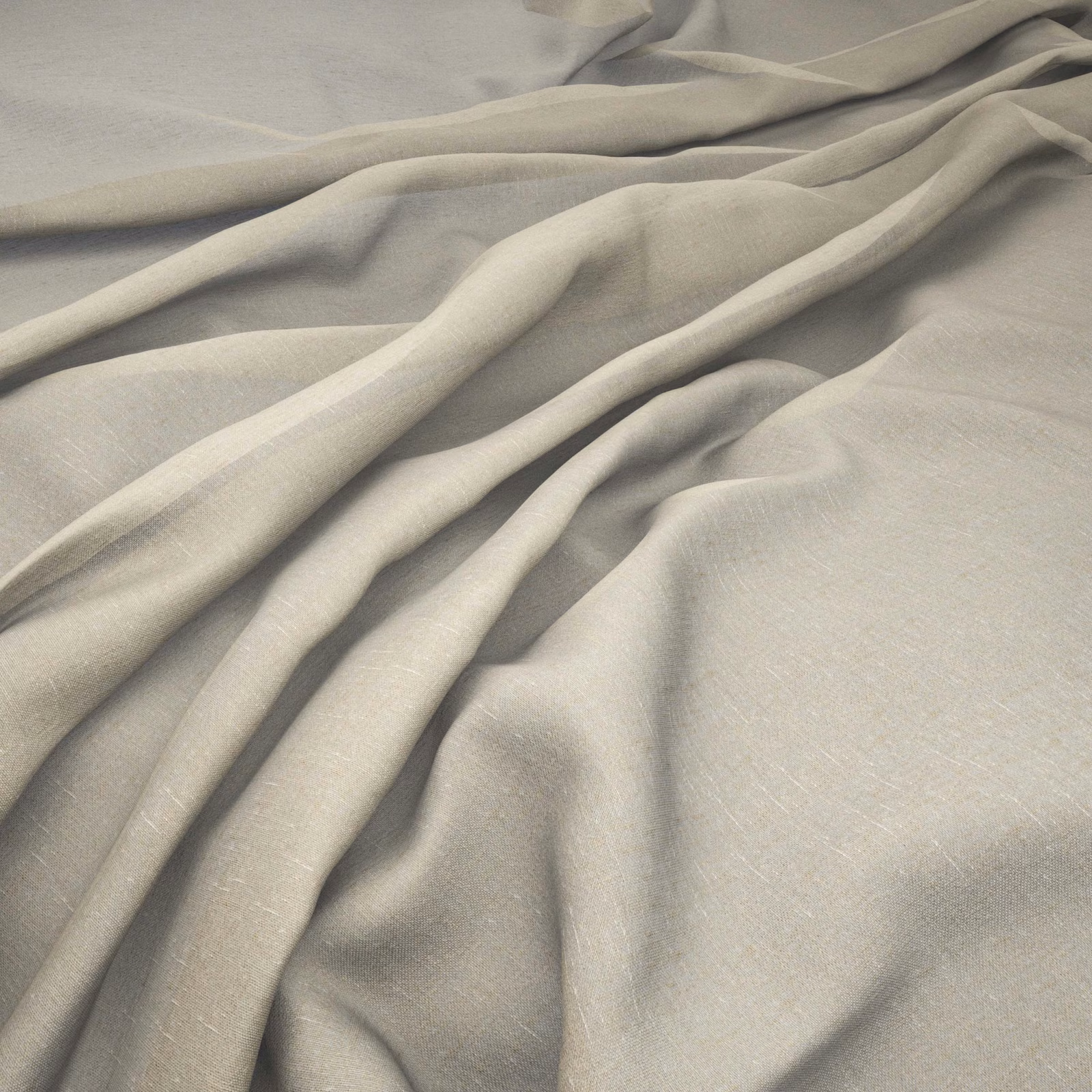 Pale greige woven fabric gathered into soft, flowing folds