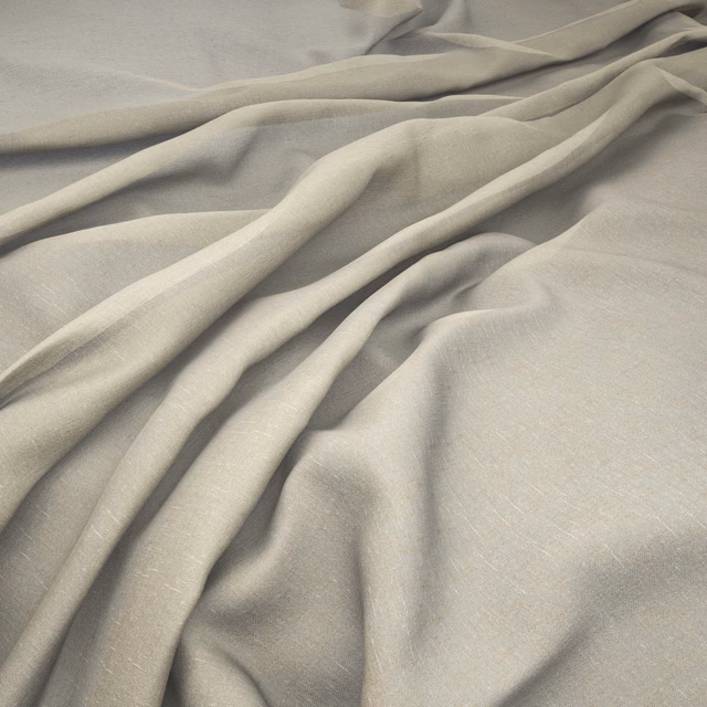 Pale greige woven fabric gathered into soft, flowing folds
