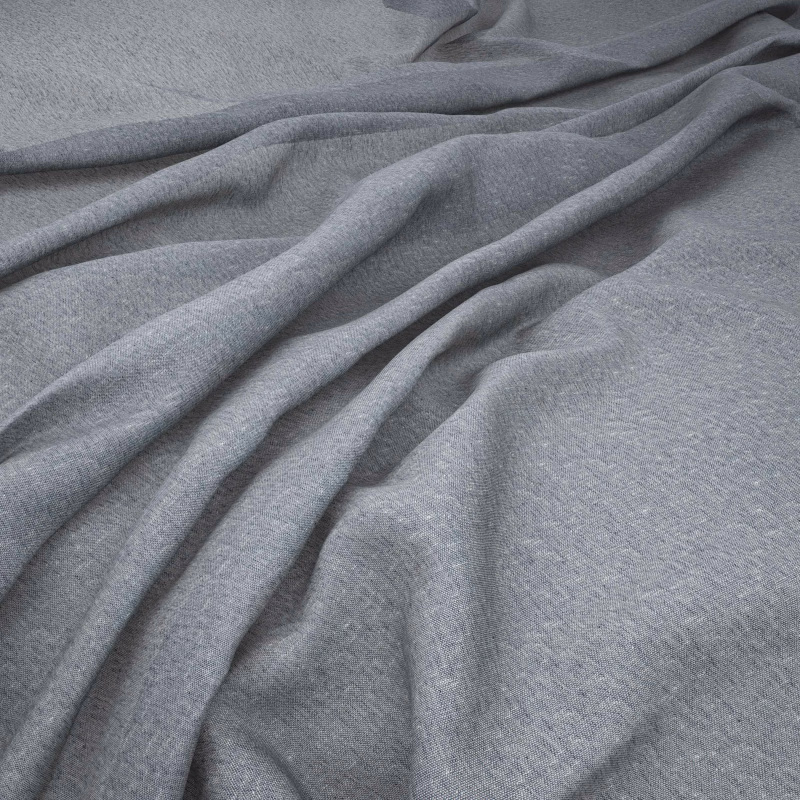 Cool steel-grey woven fabric draped in soft folds with a fine mottled texture