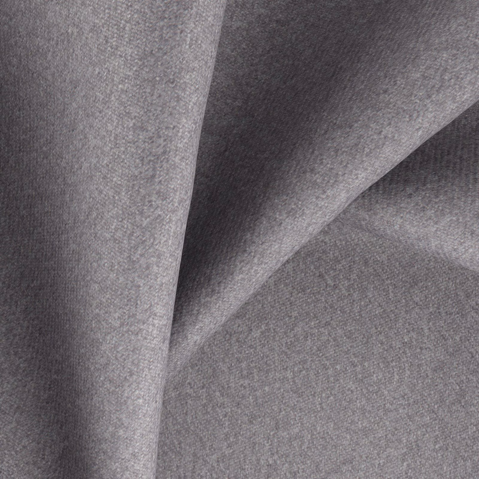 Close-up of cool mid-grey woven fabric with subtle mottled texture and soft folds
