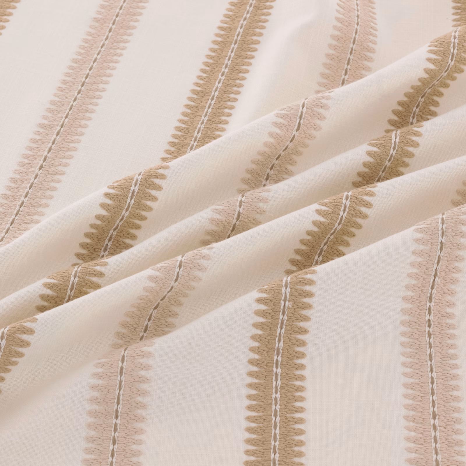 Shell cream textile with taupe, blush and olive serrated vertical stripes