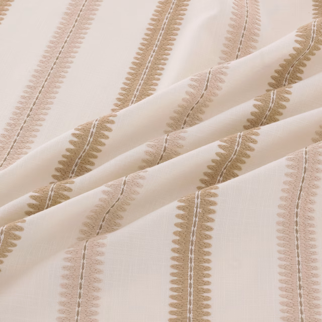 Shell cream textile with taupe, blush and olive serrated vertical stripes