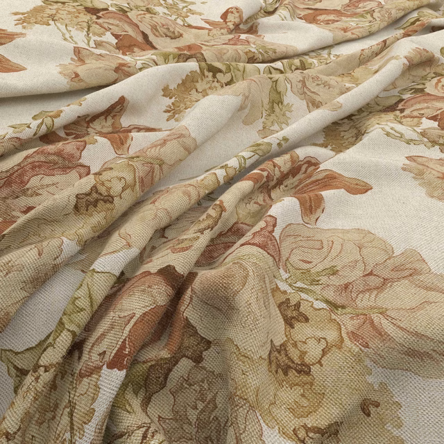 Ivory woven floral fabric with faded rose, sage and olive botanical blooms