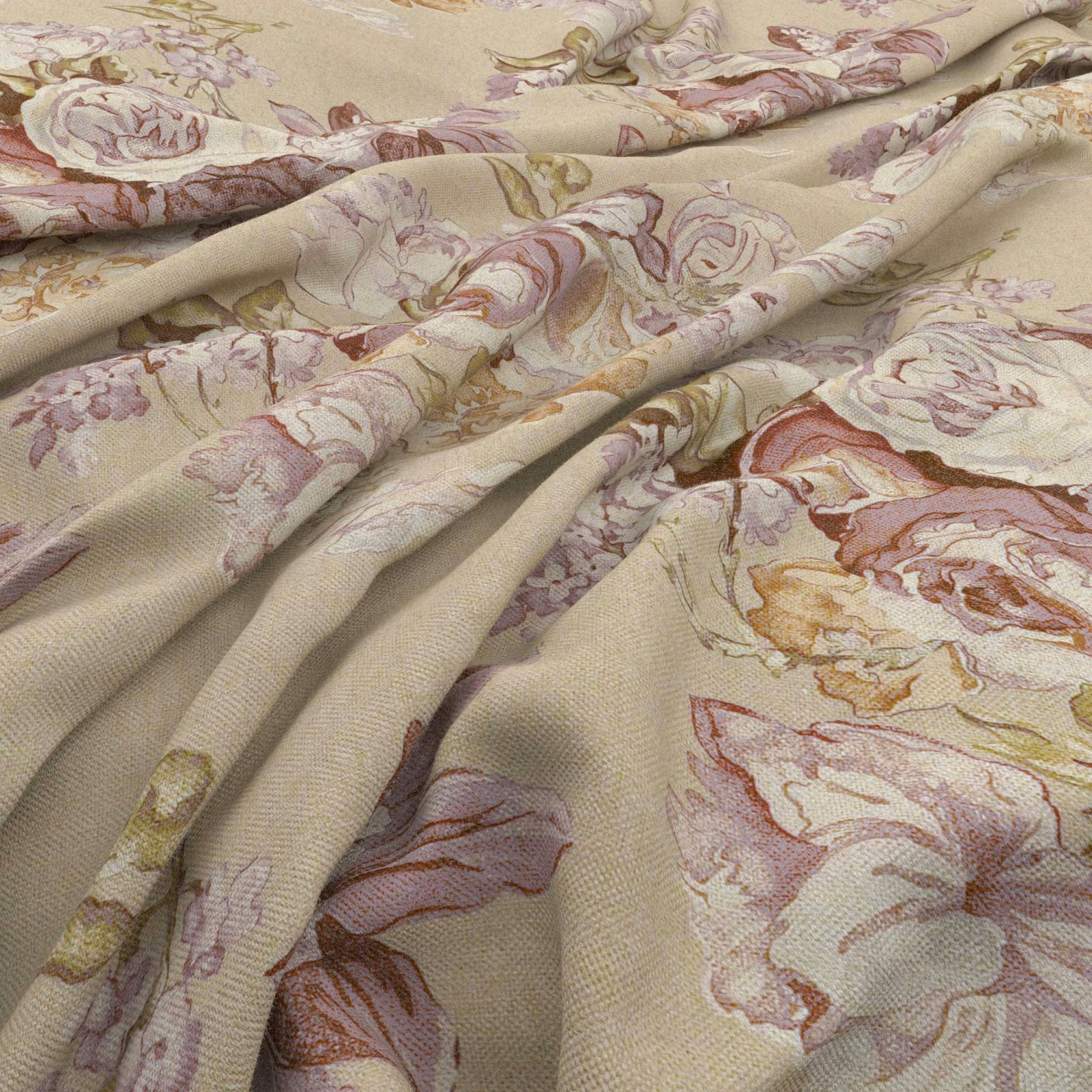Cream woven ground with oversized plum, mauve and olive floral motifs