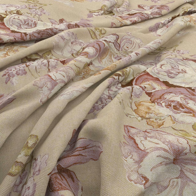 Cream woven ground with oversized plum, mauve and olive floral motifs