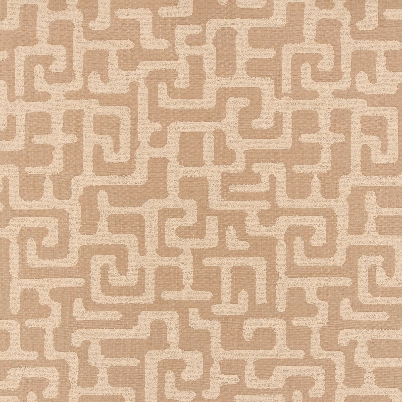 Warm sand woven fabric with cream, maze-like geometric lines and subtle texture