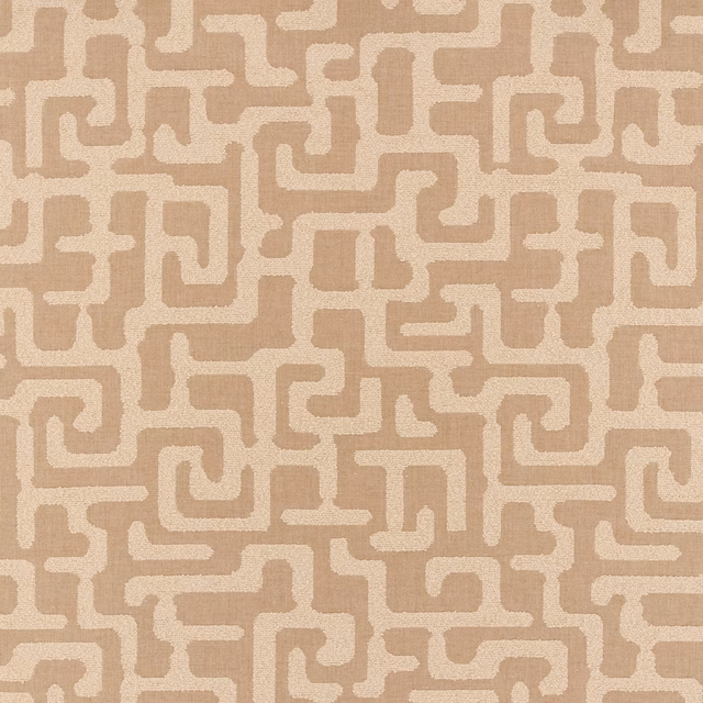 Warm sand woven fabric with cream, maze-like geometric lines and subtle texture