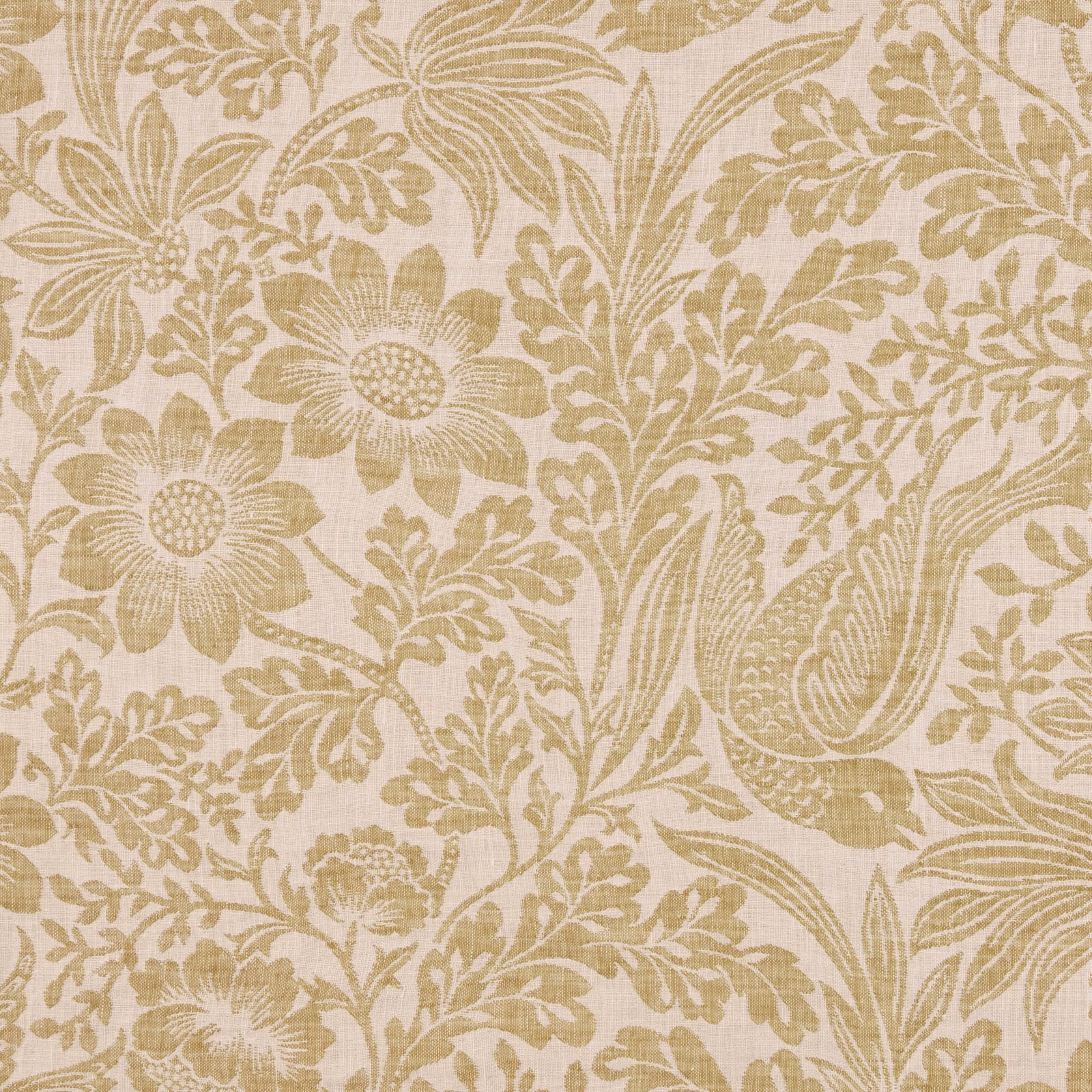 Honey-beige and cream floral paisley fabric with large flowers and textured woven surface