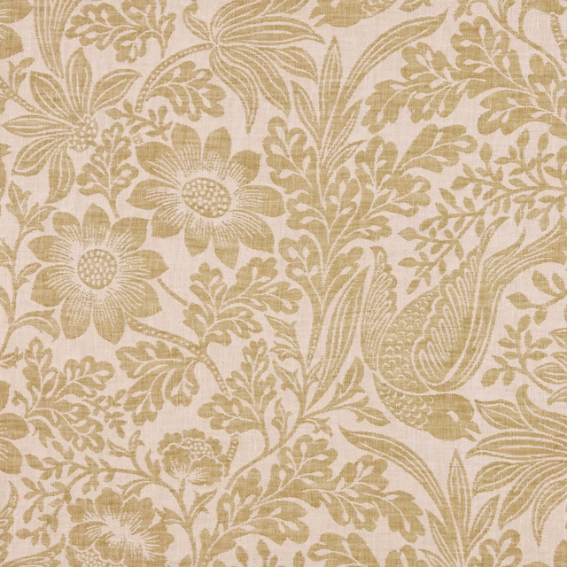 Honey-beige and cream floral paisley fabric with large flowers and textured woven surface