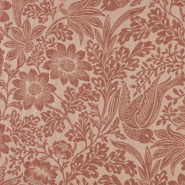 Dusty terracotta floral damask with scrolling leaves on a warm blush ground