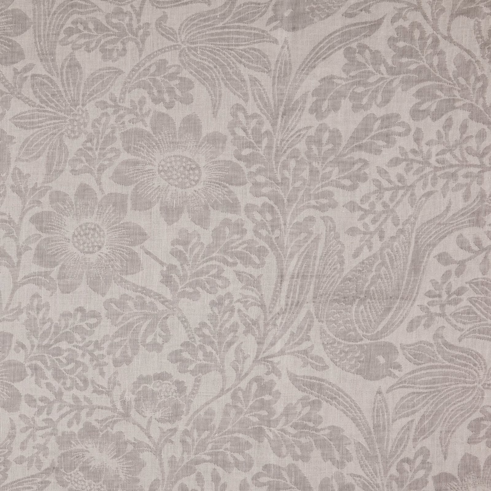Pale porcelain-grey fabric with tonal floral, leafy and paisley motifs in a fine woven texture