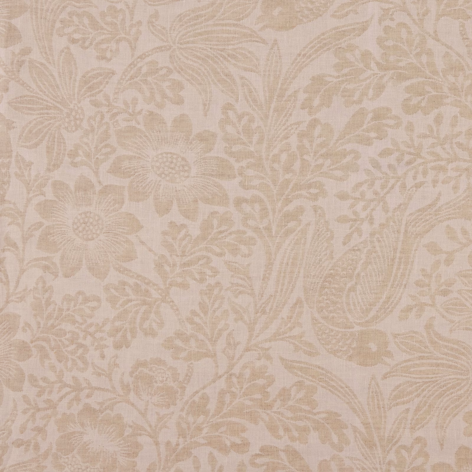 Warm sable taupe fabric with tonal daisies, curling leaves and paisley floral motifs