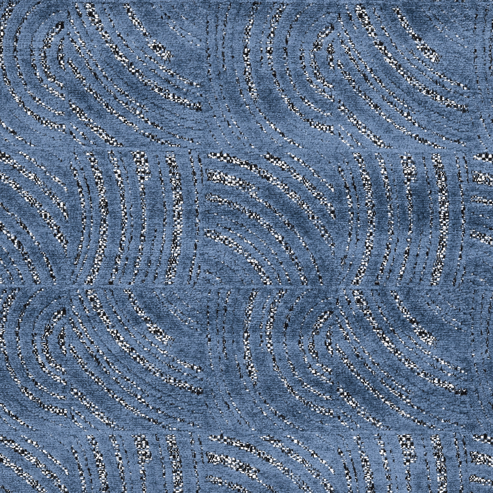 Blue woven upholstery fabric with swirling abstract loop pattern and speckled highlights