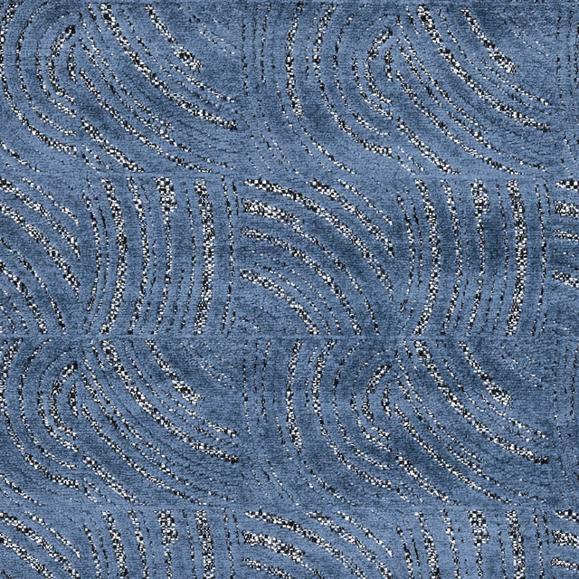 Blue woven upholstery fabric with swirling abstract loop pattern and speckled highlights
