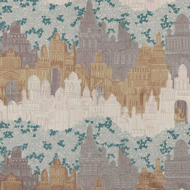 Muted sage fabric with teal foliage and detailed Mughal cityscape buildings