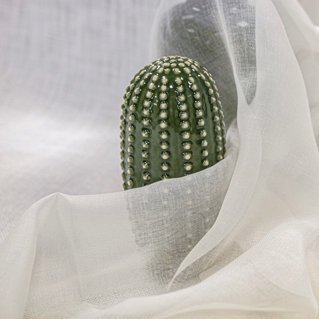 Translucent ivory open-weave cloth draped around a green beaded cactus